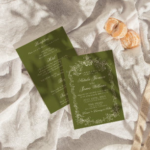 Invitación Boda Vintage Oliva Verde Todo En Uno
