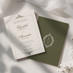 Invitación Boda Vintage Oval Crest Dinero Antiguo Verde Oliva