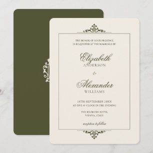 Invitación Boda Vintage Oval Crest Dinero Antiguo Verde Oliva