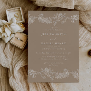 Invitación Boda Vintage Pale Taupe y Floral Blanca