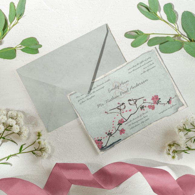 Invitación Boda Vintage Pink Love Bird Cherry Blossom (Subido por el creador)