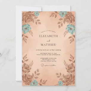 Invitación Boda Vintage Pintura Teal Melocotón