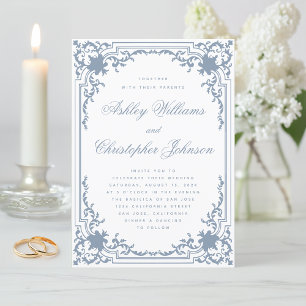 Invitación Boda Vintage Polvo Azul Blanco Letra Elegante