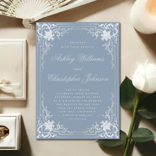 Invitación Boda Vintage Polvo Azul Falso Caligrafía Plata