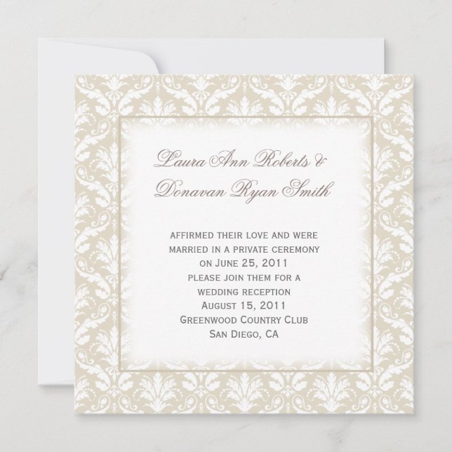 Invitación Boda Vintage Post Tan y Blanco Damask (Anverso)