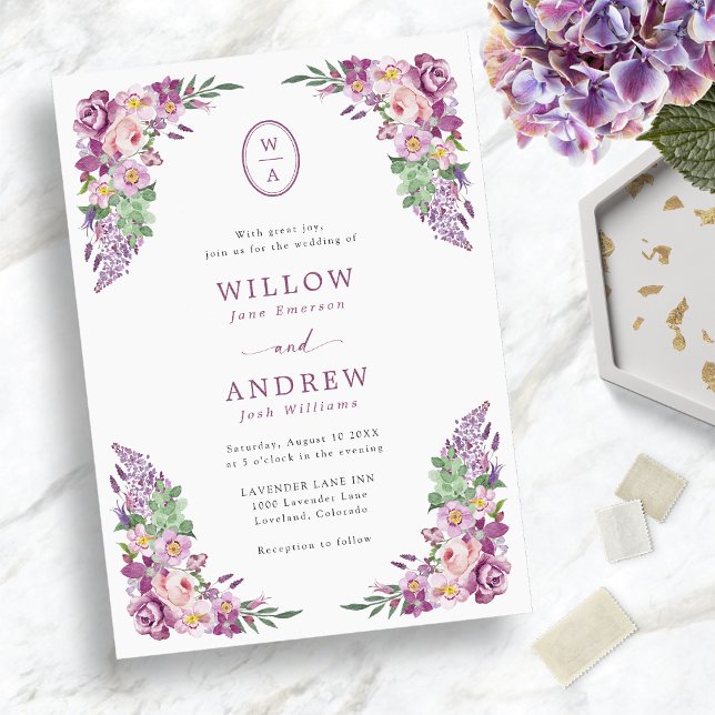 Invitación Boda Vintage Purple Floral (Vintage Purple Floral Wedding Invitation
)