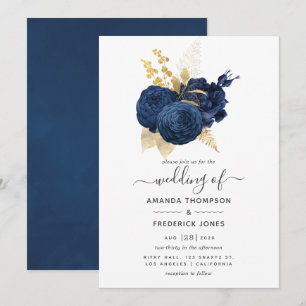 Invitación Boda Vintage Rosa Azul Marino y Dorado