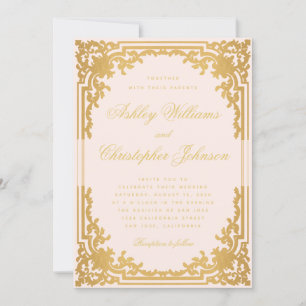Invitación Boda Vintage Rosa Escritura Dorada Falsa Adornos R