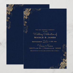 Invitación Boda Vintage Rústica Glam Rosas Esquinas Azul Dora
