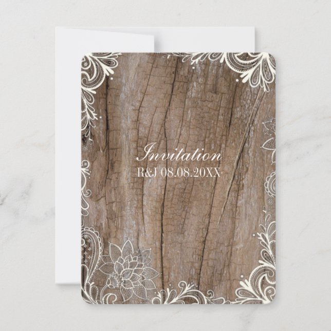 Invitación boda vintage swirls barn wood lace country (Anverso)