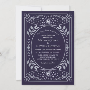 Invitación Boda Vintage Tarot Gótico Plata y Púrpura QR
