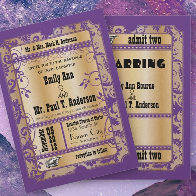 Invitación Boda Vintage Ticket Rústico Dorado Púrpura (Subido por el creador)