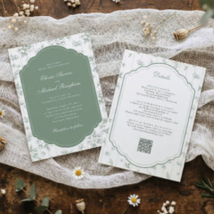 Invitación Boda Vintage Todo en Uno con Toile Verde Salvia