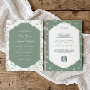 Invitación Boda Vintage Toile Verde Sage Todo en Uno
