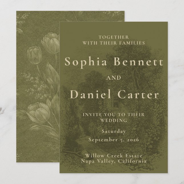 Invitación Boda Vintage Verde Oliva (Anverso / Reverso)