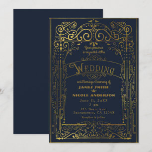 Invitación Boda Vintage Victoriana Deco Azul Marino y Dorado