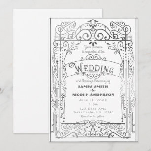 Invitación Boda Vintage Victoriana Deco Blanco y Plateado