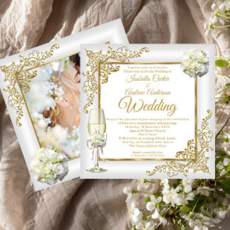 Invitación Boda Vintage White Champagne Gold Pearl Photo