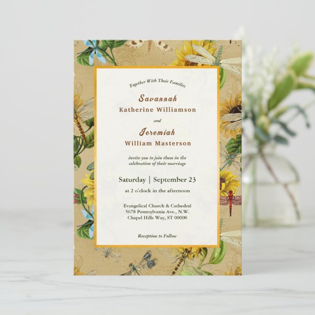 Invitación Boda Vintage Yellow Sunflower Dragonflies (Anverso de pie)