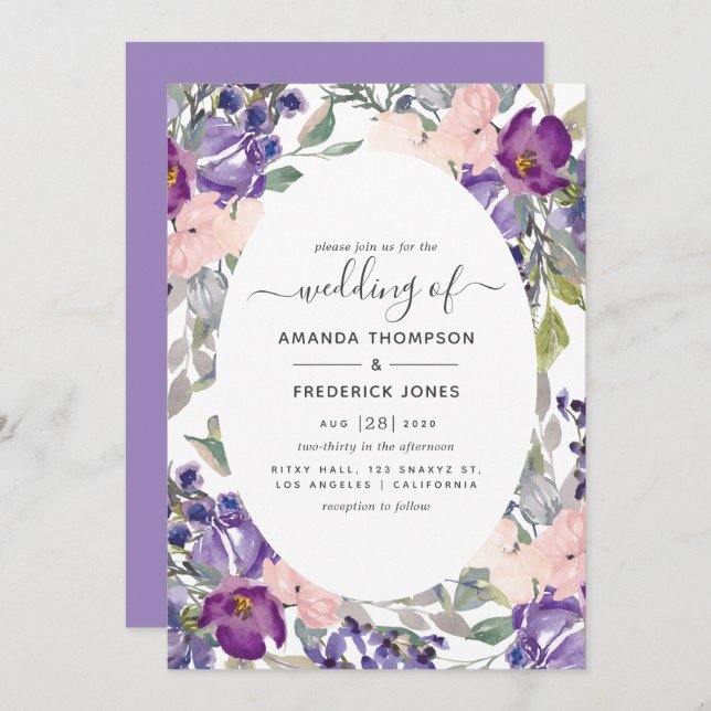 Invitación Boda Violet and Plum Floral (Anverso / Reverso)
