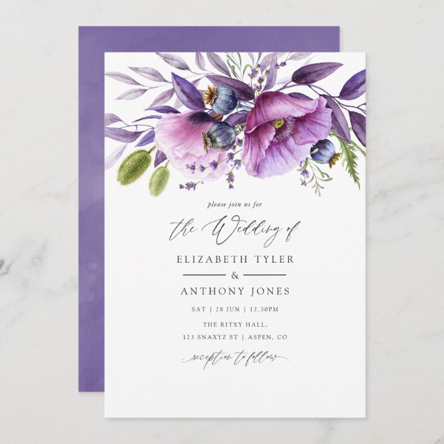 Invitación Boda Violet Poppy Floral (Anverso / Reverso)