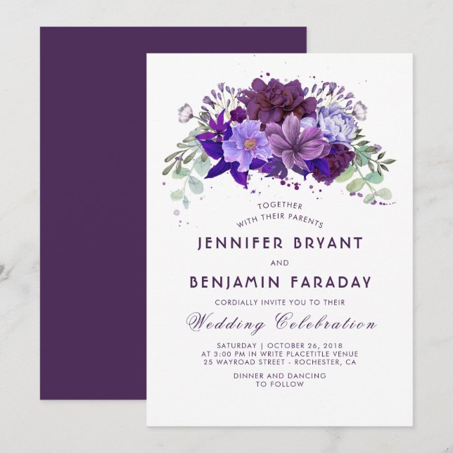 Invitación Boda violeta con flores moradas elegante de ciruel (Anverso / Reverso)