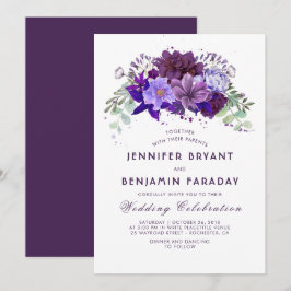 Invitación Boda violeta con flores moradas elegante de ciruel