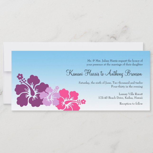 Invitación Boda violeta de las flores de los hibiscos de Hawá (Anverso)