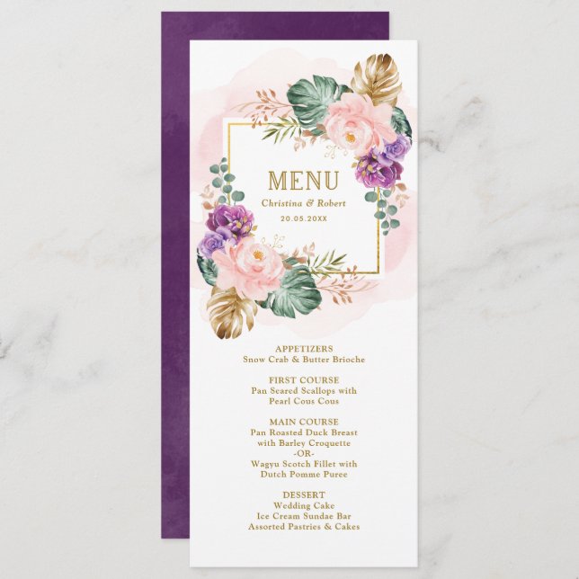 Invitación Boda violeta de Rubor tropical con flores de clase (Anverso / Reverso)