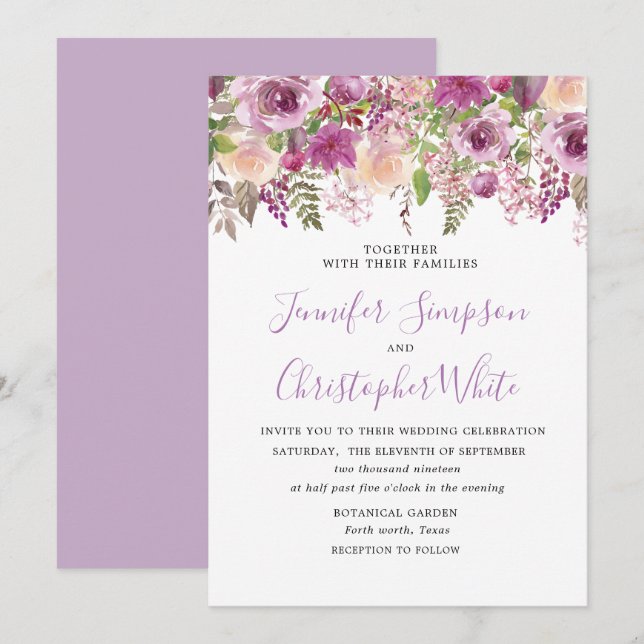 Invitación Boda violeta floral de lavanda morada (Anverso / Reverso)