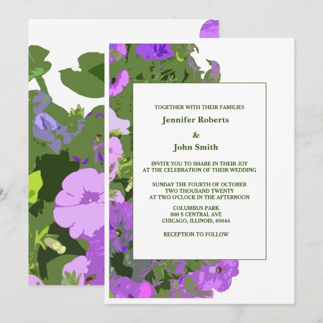 Invitación Boda Violeta Floral Sage Verde Blanco Elegante (Anverso / Reverso)