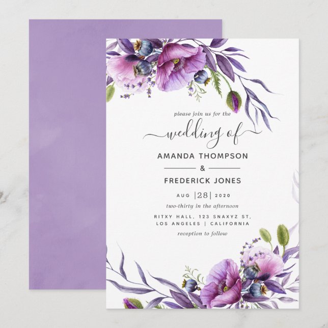 Invitación Boda violeta morado de amapola (Anverso / Reverso)