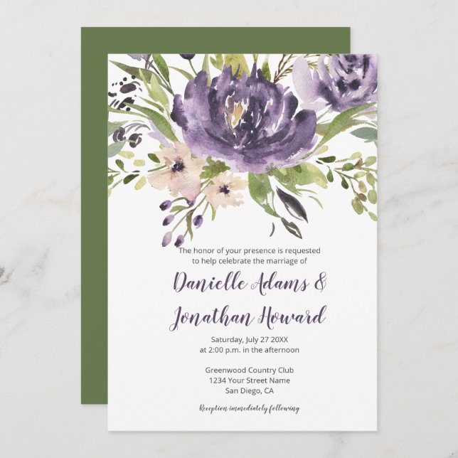 Invitación Boda violeta morado y acuarela verde (Anverso / Reverso)