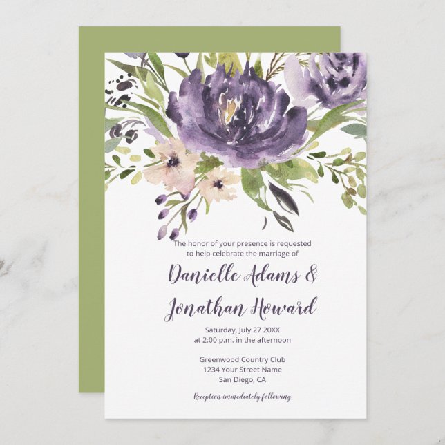 Invitación Boda violeta morado y acuarela verde (Anverso / Reverso)