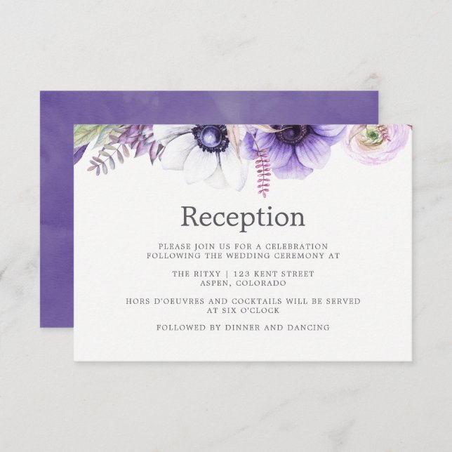 Invitación Boda Violeta Polvorienta Acuarela Floral Recepción (Anverso / Reverso)