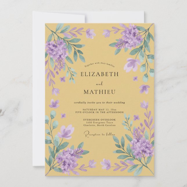 Invitación Boda Violeta Wisteria Mostaza (Anverso)