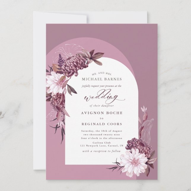 Invitación Boda violeta y turbia violeta morada del arco flor (Anverso)