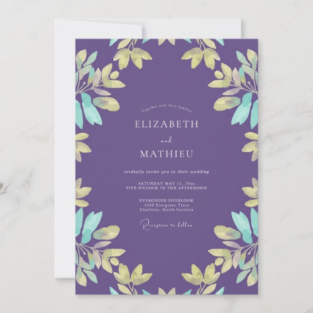 Invitación Boda Violetas Acuáticas Frondosas (Anverso)