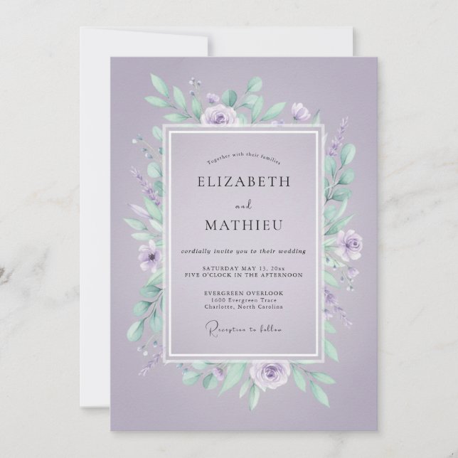 Invitación Boda Violetas con Hojas de Menta (Anverso)