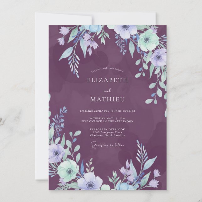 Invitación Boda Violetas de Hoja de Ametista (Anverso)