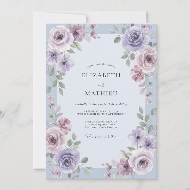 Invitación Boda Violetas Hoja de Periwinkle (Anverso)