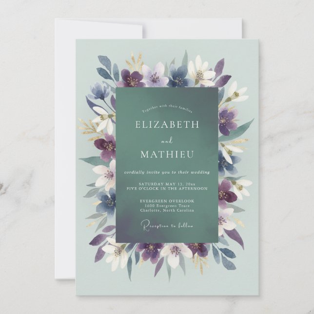 Invitación Boda Violetas Marinas Frondosas (Anverso)