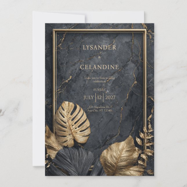 Invitación Boda VIP de mármol negro y oro exclusivo (Anverso)