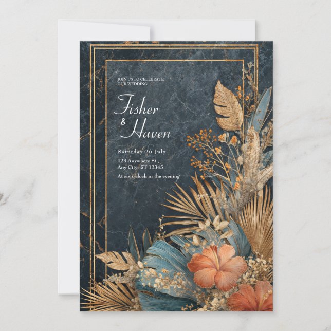 Invitación Boda VIP Tropical Luxe Black Marble & Gold (Anverso)