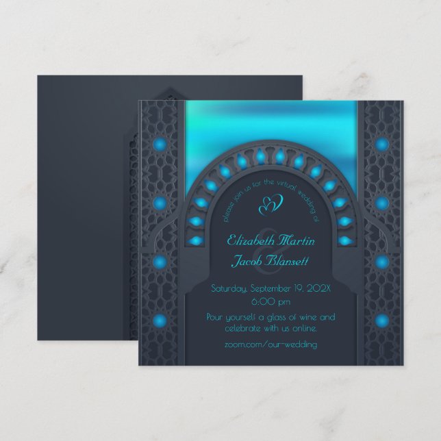 Invitación Boda virtual azul de arcos marroquíes (Anverso / Reverso)
