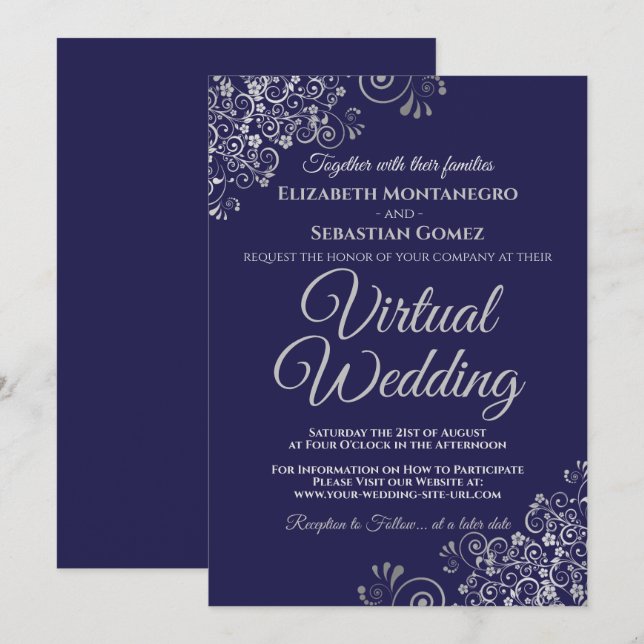 Invitación Boda virtual azul de la marina elegante (Anverso / Reverso)