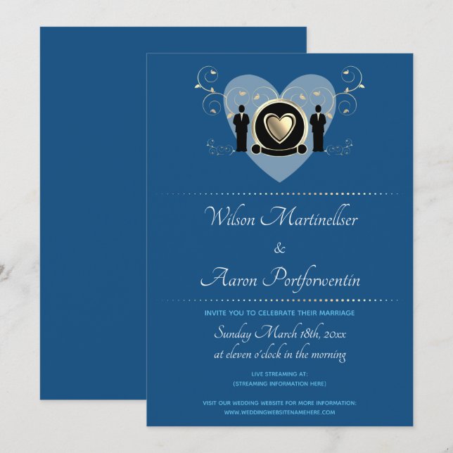 Invitación Boda virtual azul Gold Heart Masculino (Anverso / Reverso)