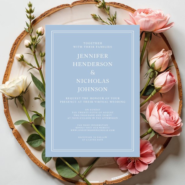 Invitación Boda Virtual Azul Polvo Elegante Moderna (Modern Elegant Powder Blue Virtual Wedding Invitation)