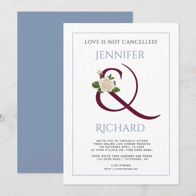 Invitación Boda virtual azul polvoriento de la ampersa de Bor (Anverso / Reverso)