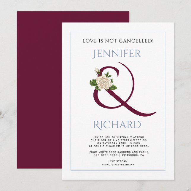 Invitación Boda virtual azul polvoriento de la ampersa de Bor (Anverso / Reverso)